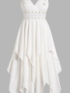 White V-Neck Handkerchief Hem Dress